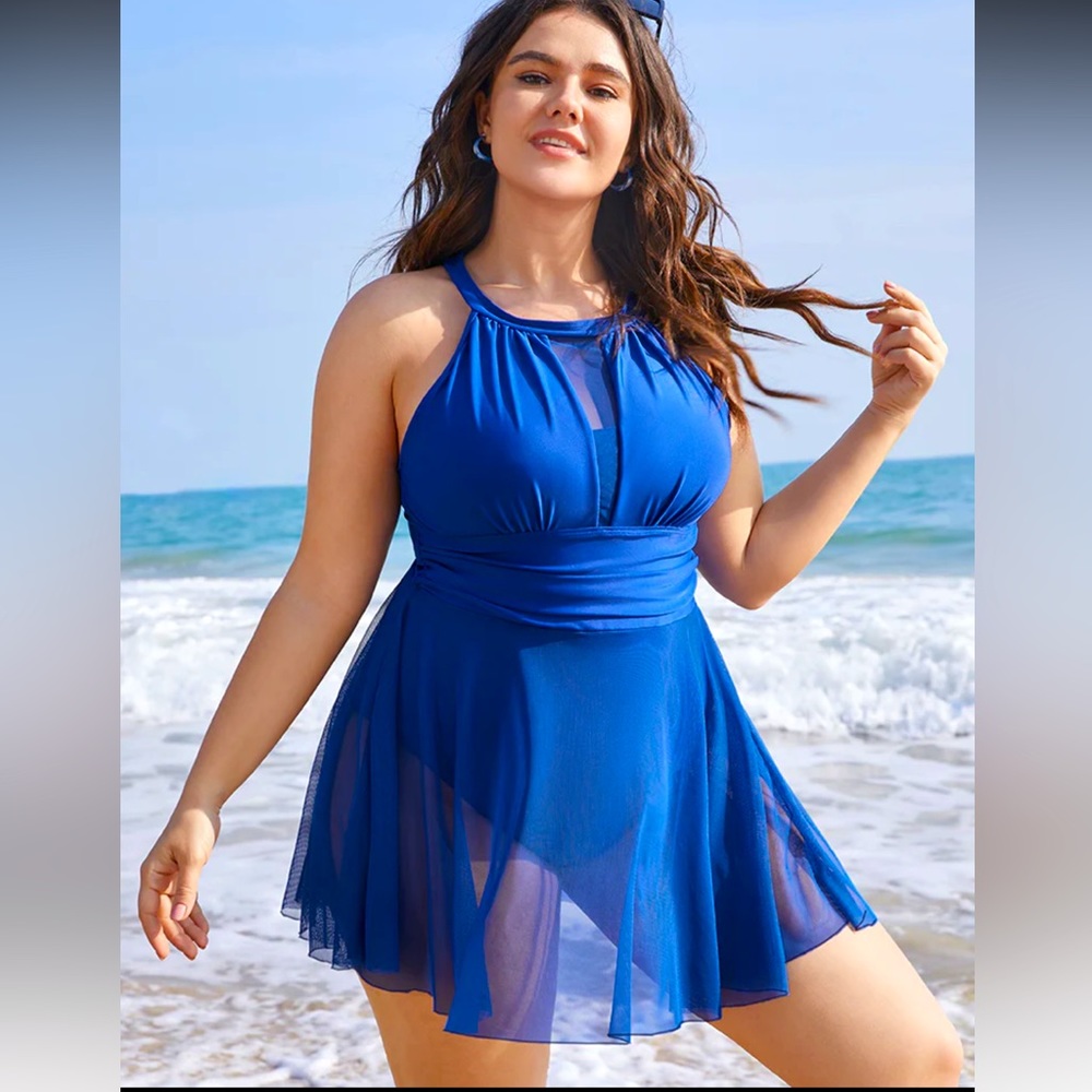 Knotted Back Mesh Insert Halter Swim Dress